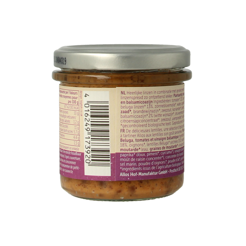 Allos Beluga lentil spread with balsamic vinegar in a 140g jar, a savory sauce and flavor enhancer from Allos.