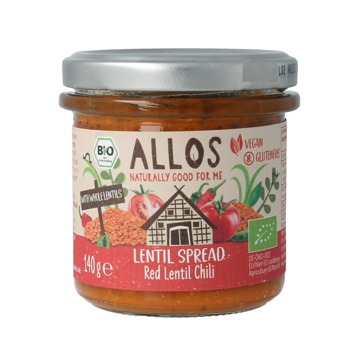 Allos Linzenspread rode chili bio, 140g, vegan bread spread with red chili in a jar, ready to be spread on bread or toast.