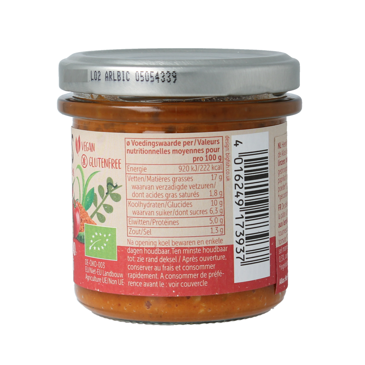 Allos Linzenspread rode chili bio, a 140g vegan spread with lentil and chili flavor on bread.