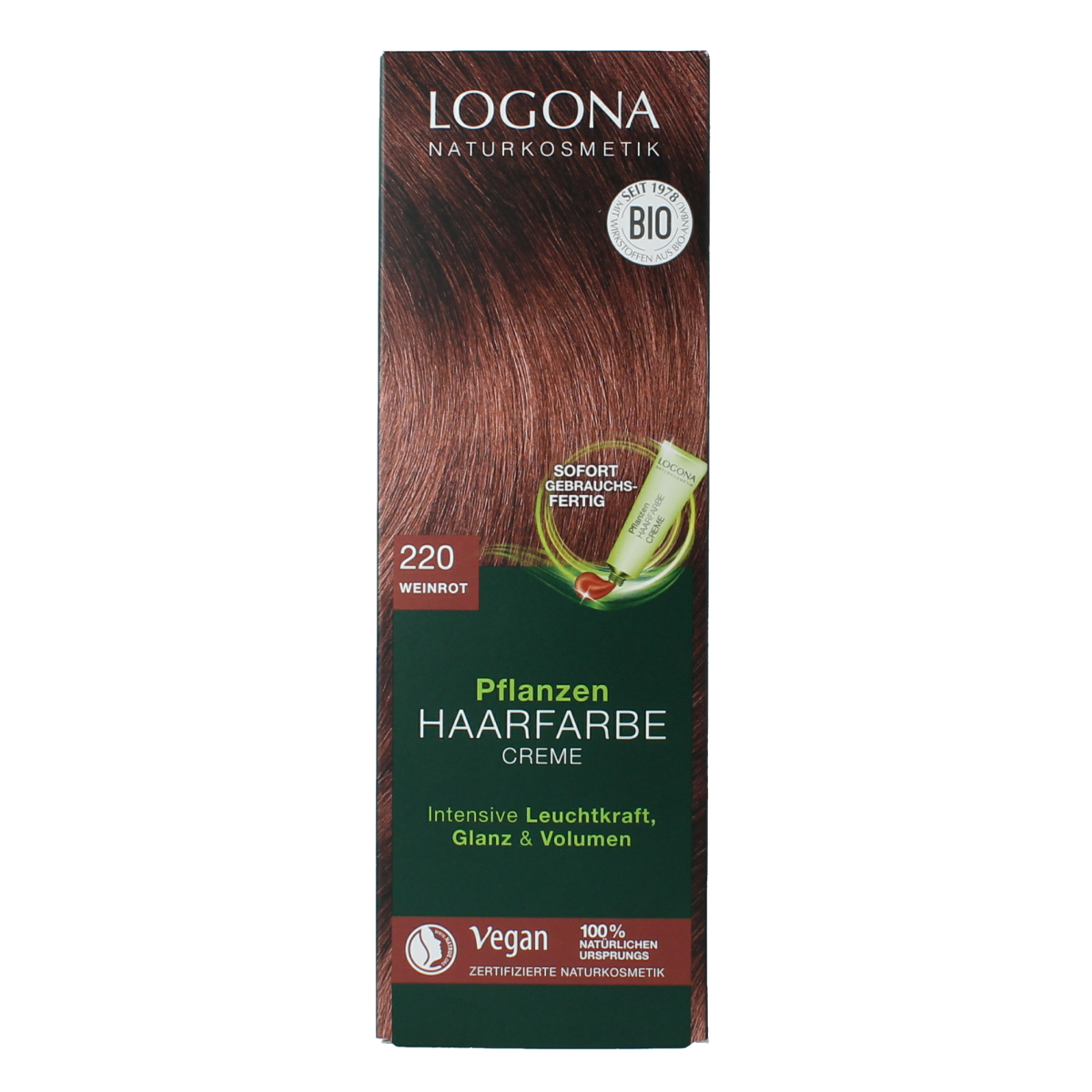 Logona Color Creme 220 Bordeaux hair dye tube, 150ml, shown with packaging and color swatch highlighting deep burgundy shade