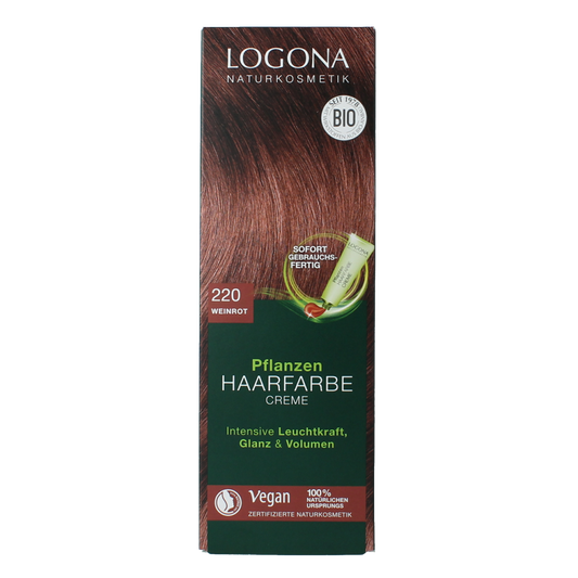 Logona Color Creme 220 Bordeaux hair dye tube, 150ml, shown with packaging and color swatch highlighting deep burgundy shade