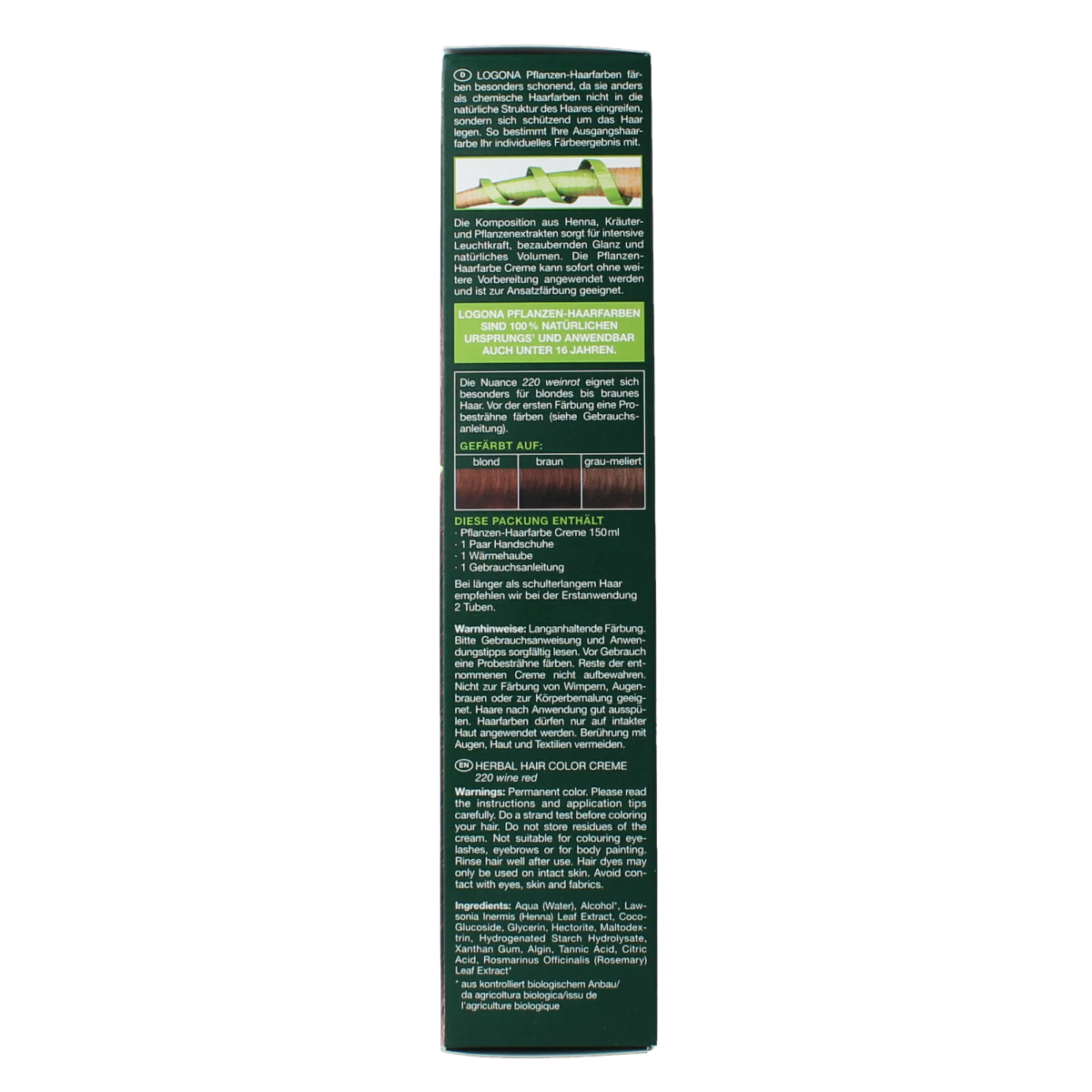 Logona Color Creme 220 Bordeaux hair dye tube, showing the burgundy colored packaging and product label.