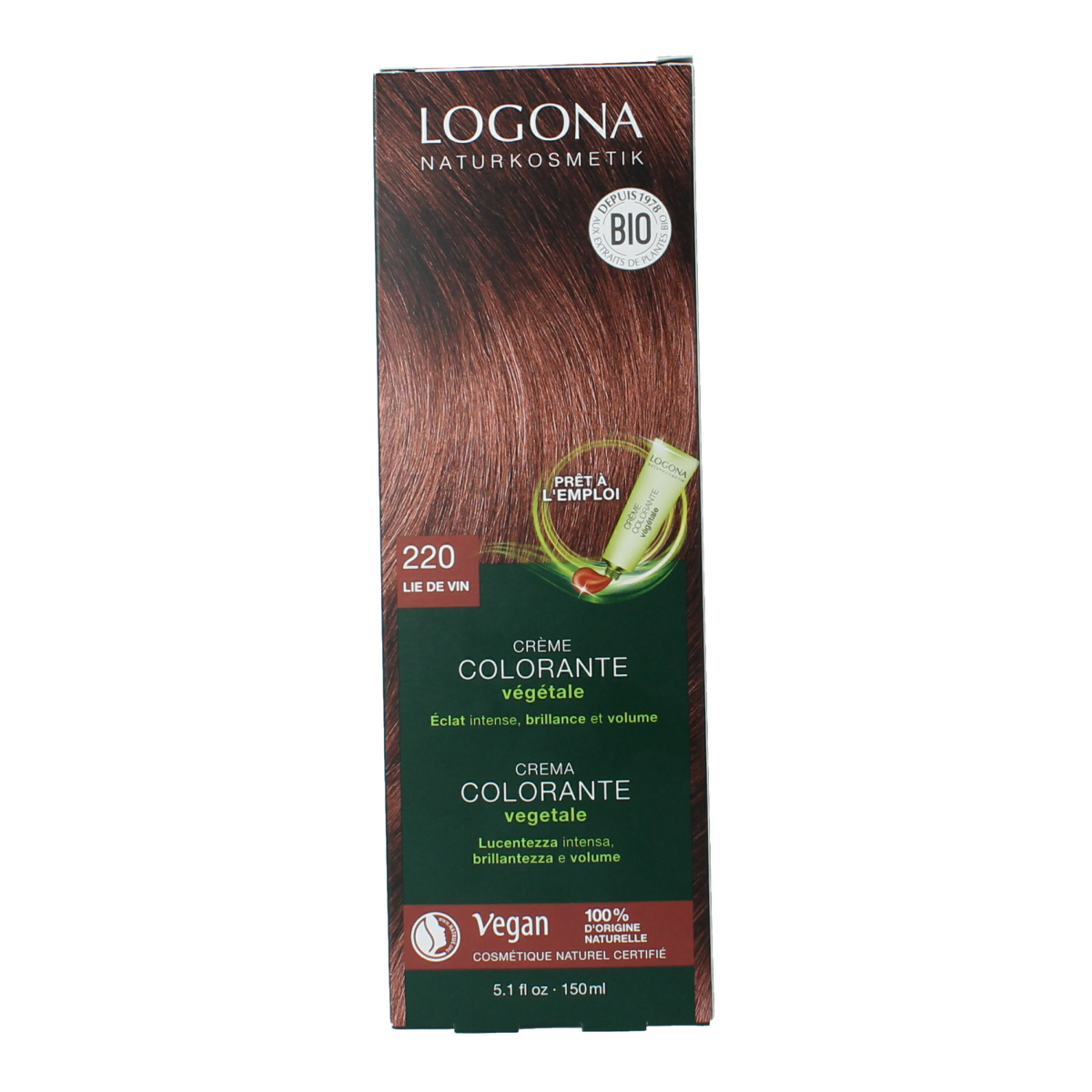 Logona Color Creme 220 Bordeaux hair dye tube with 150ml volume, showing the packaging and product branding.