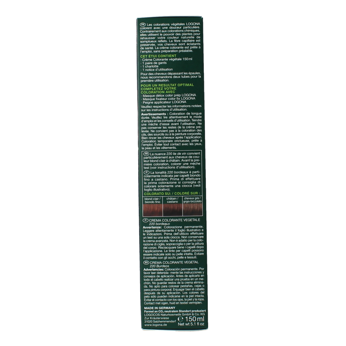 Logona Color Creme 220 Bordeaux hair dye tube showing the packaging and product label in a close-up shot.