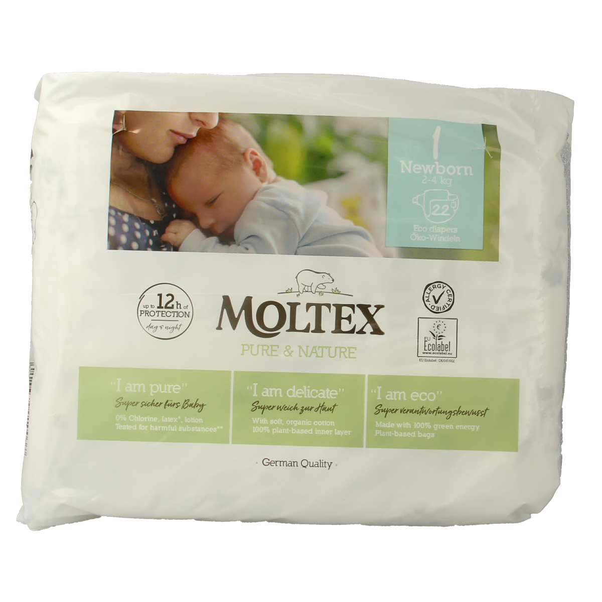 Moltex Pure & Nature newborn baby diapers, 22-pack, with soft absorbent material for comfort and dryness.