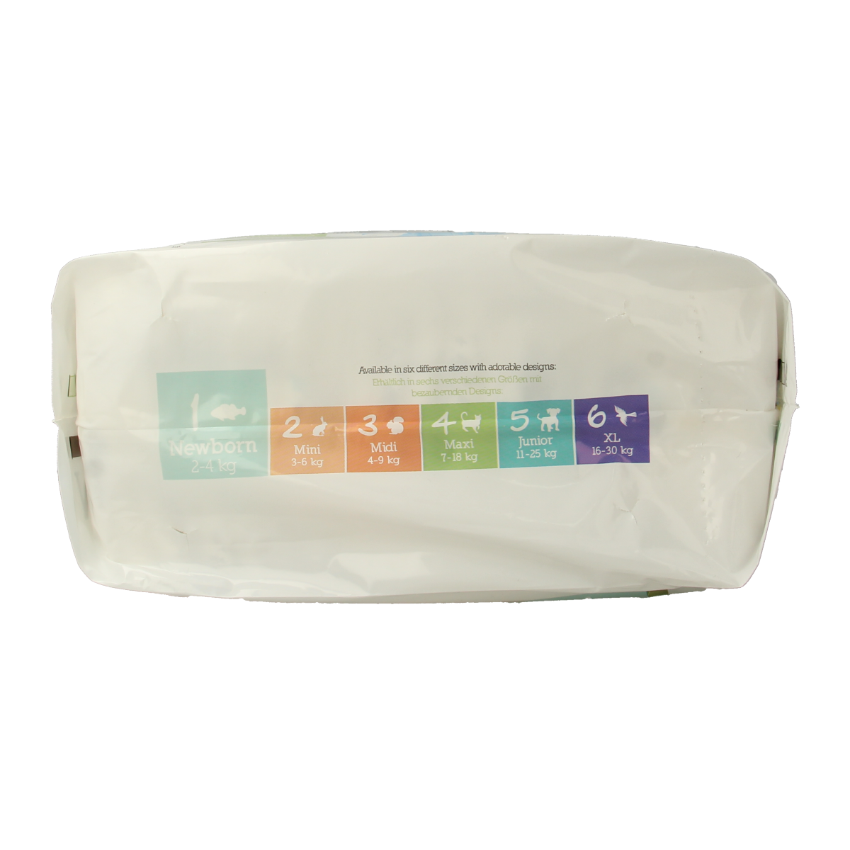 Moltex Pure & Nature newborn baby diapers, 22-pack, showing soft, absorbent diaper with cute animal print for infants.