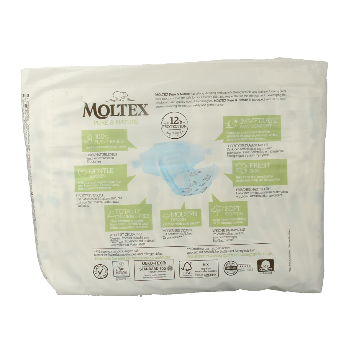 Moltex Pure & Nature newborn baby diapers, 22-pack, showing soft, absorbent diaper with printed design for newborns