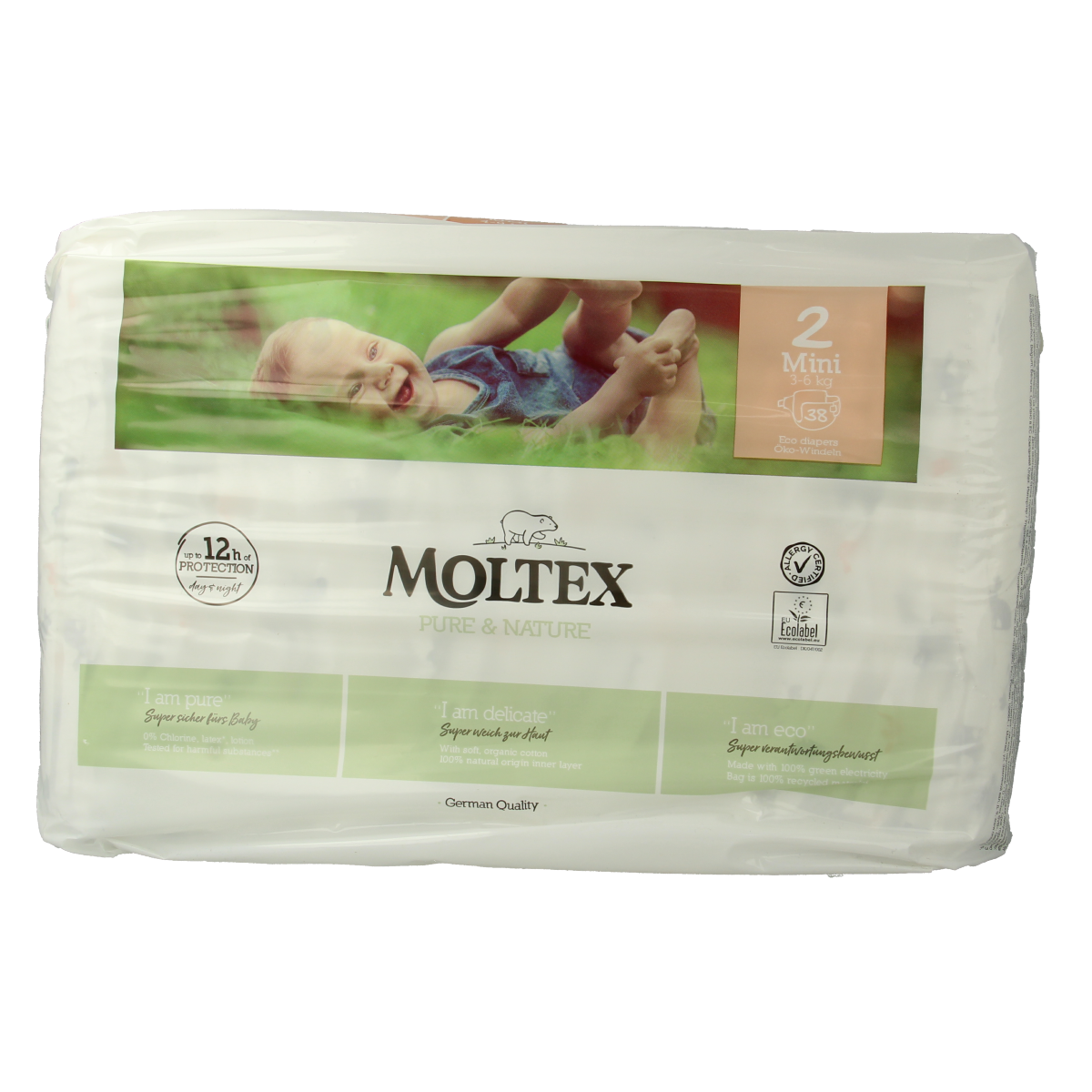 Moltex Pure & Nature baby diapers mini pack with 38 pieces, showing soft, absorbent diaper design for infants.