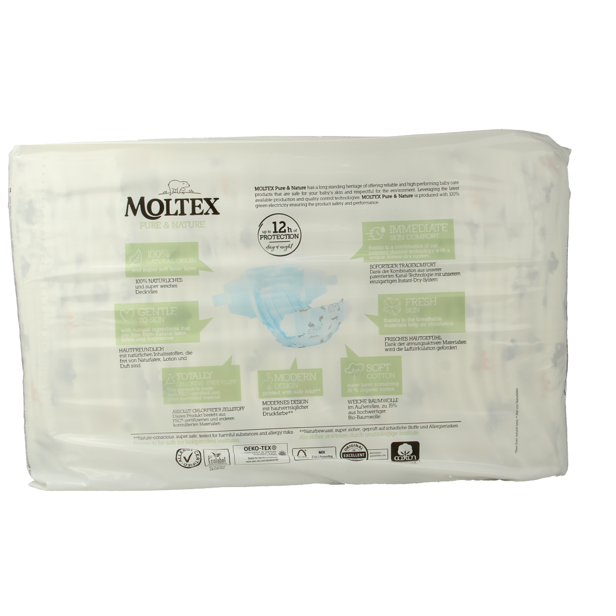 Moltex Pure & Nature baby diapers mini pack, 38 count, showing soft, breathable diaper material with colorful branding.