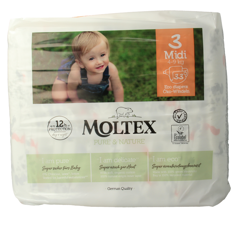 Moltex Pure & Nature baby diapers midi size, 33 pieces, soft and eco-friendly disposable baby diapers for infants.