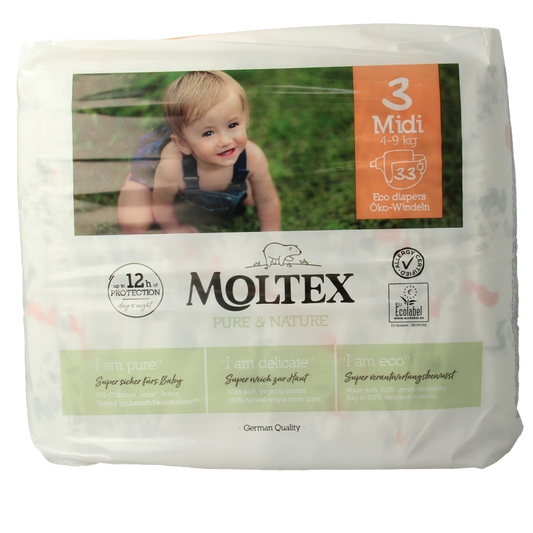 Moltex Pure & Nature baby diapers midi size, 33 pieces, soft and eco-friendly disposable baby diapers for infants.