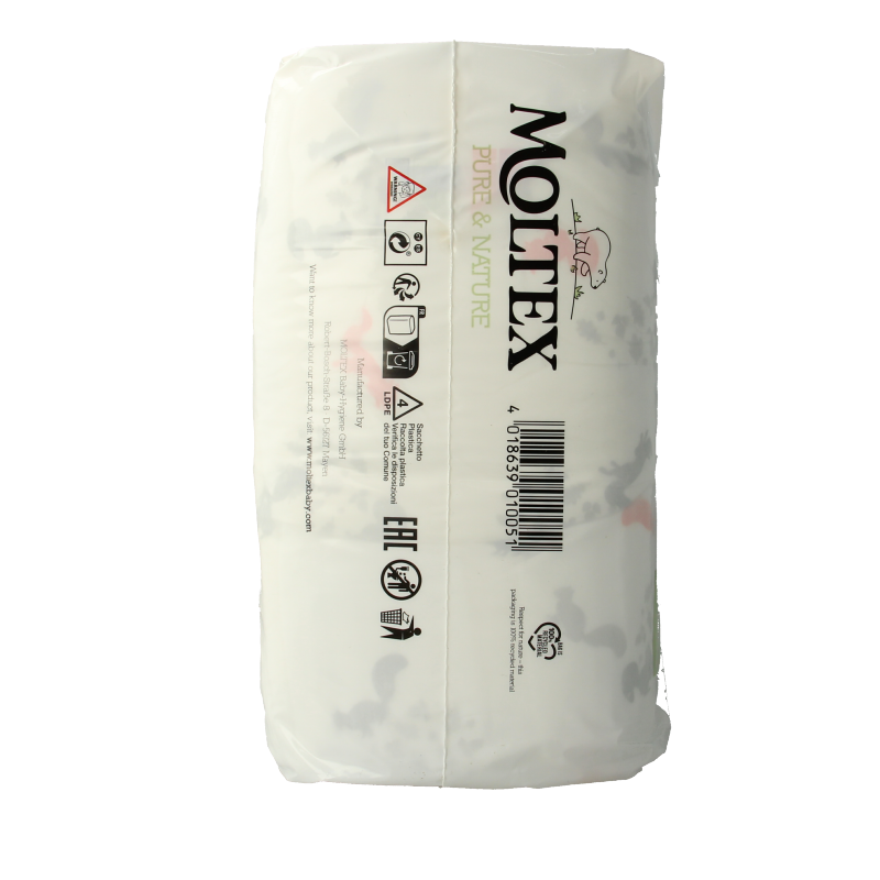 Pack of 33 Moltex Pure & Nature baby diapers in size midi, featuring eco-friendly materials and soft, breathable fabric.