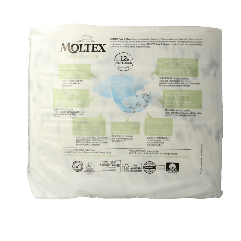 Moltex Pure & Nature baby diapers midi 33 pieces, soft and absorbent cloth diapers for infants, featuring natural materials.