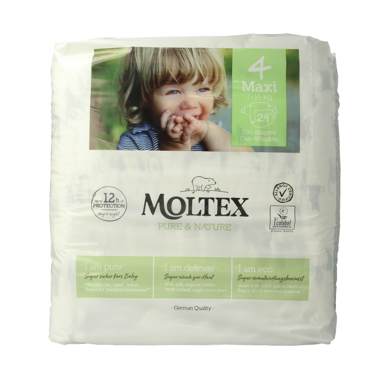Moltex Pure & Nature baby diapers maxi pack with 29 pieces, featuring soft, eco-friendly diaper material for infants.