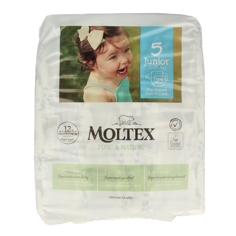 Pack of 25 Moltex Pure & Nature Junior diapers, soft and eco-friendly baby diaper packaging with brand logo visible.