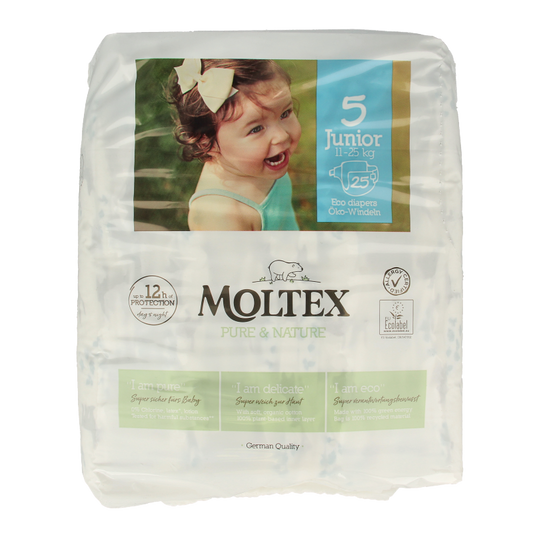 Pack of 25 Moltex Pure & Nature Junior diapers, soft and eco-friendly baby diaper packaging with brand logo visible.
