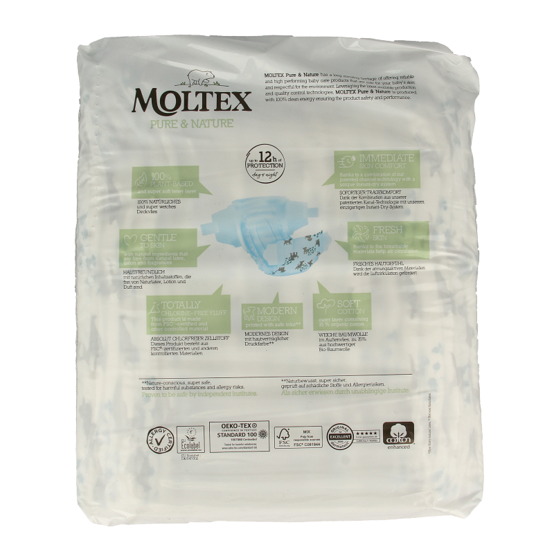 Moltex Pure & Nature junior diapers pack with 25 soft, eco-friendly baby diapers suitable for toddlers, featuring gentle materials.