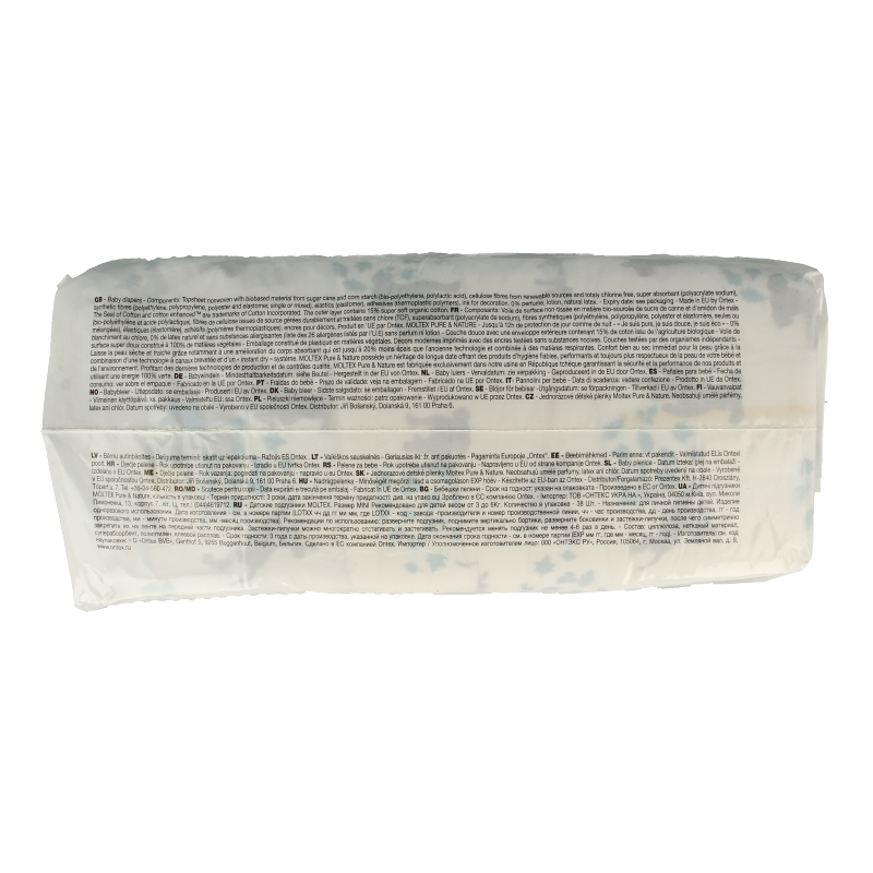 Moltex Pure & Nature junior baby diapers pack with 25 cloth diapers, featuring natural materials and leak-proof design.