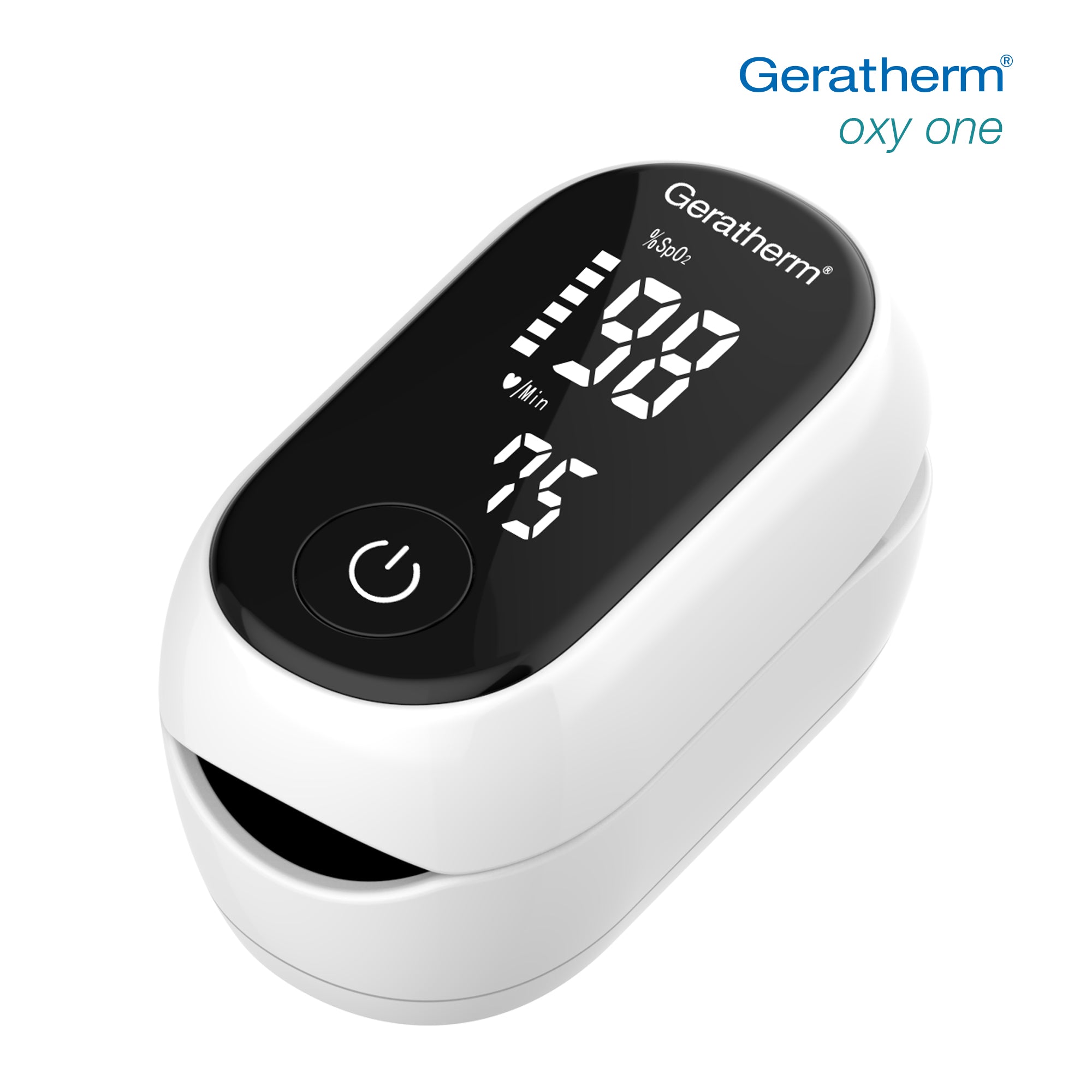 Geratherm Oxy one saturation meter for measuring blood oxygen levels, displayed with digital screen and sensor probe.
