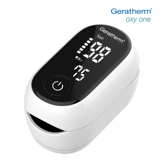 Geratherm Oxy one saturation meter for measuring blood oxygen levels, displayed with digital screen and sensor probe.