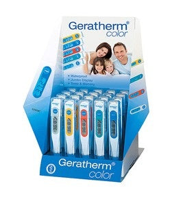 Geratherm thermometer with color display, showing digital screen and temperature scale, used for accurate body temperature measurement.