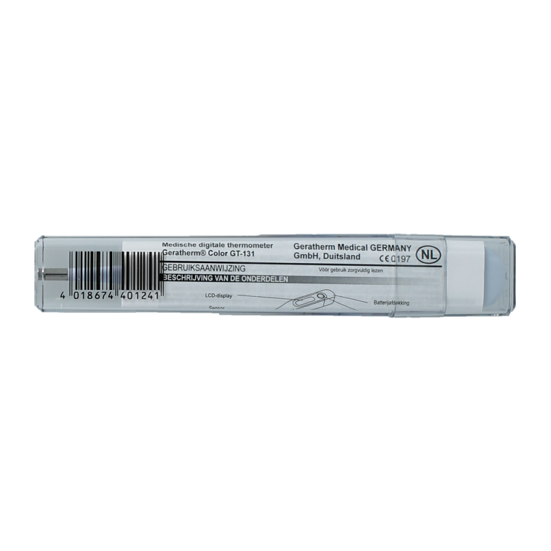 Geratherm thermometer with colorful display, showing digital screen and measurement probe for accurate body temperature reading.