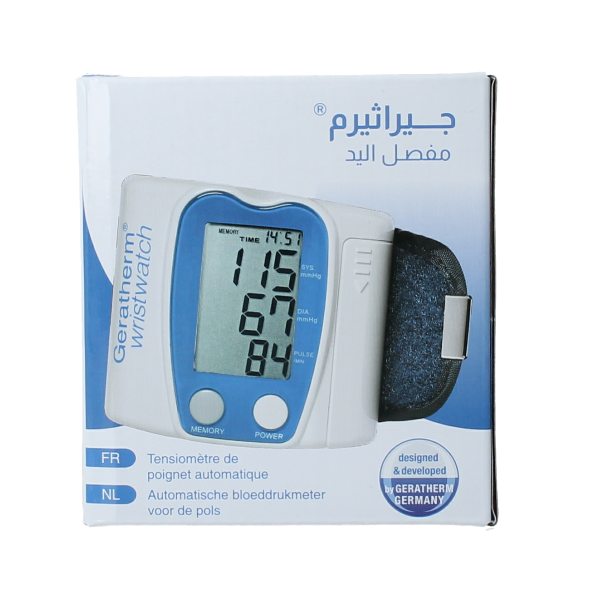 Geratherm wristwatch blood pressure monitor for wrist blood pressure measurement, showing display screen and cuff.