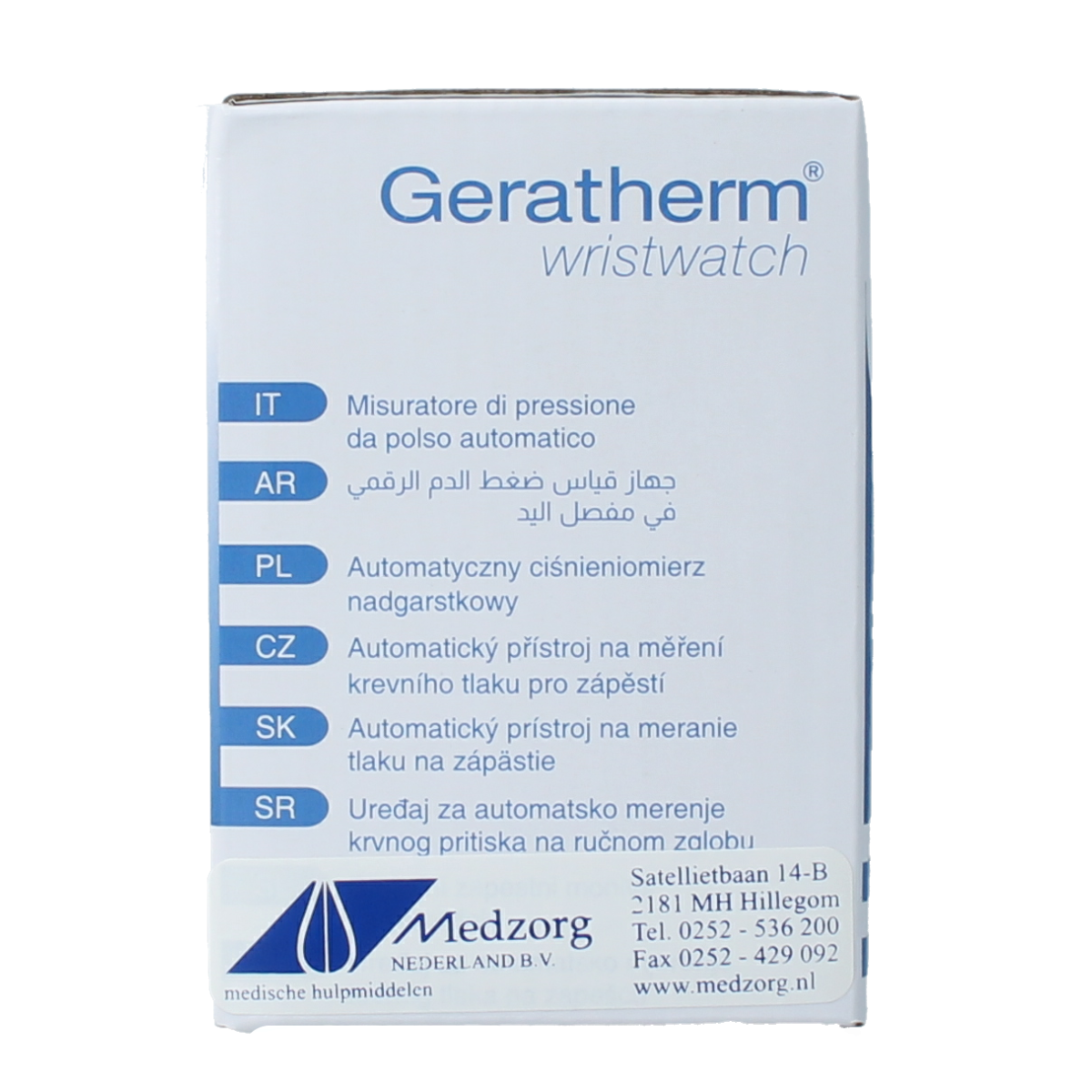 Geratherm wristwatch blood pressure monitor for wrist, displayed with cuff and reading screen.