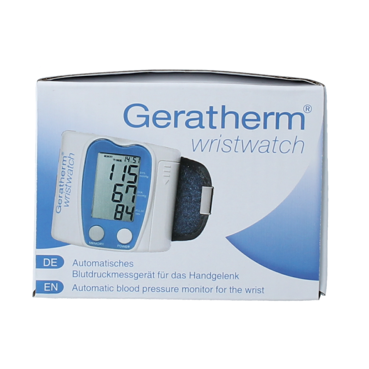 Geratherm wrist blood pressure monitor for wrist, showing digital display and cuff, used for measuring blood pressure at home