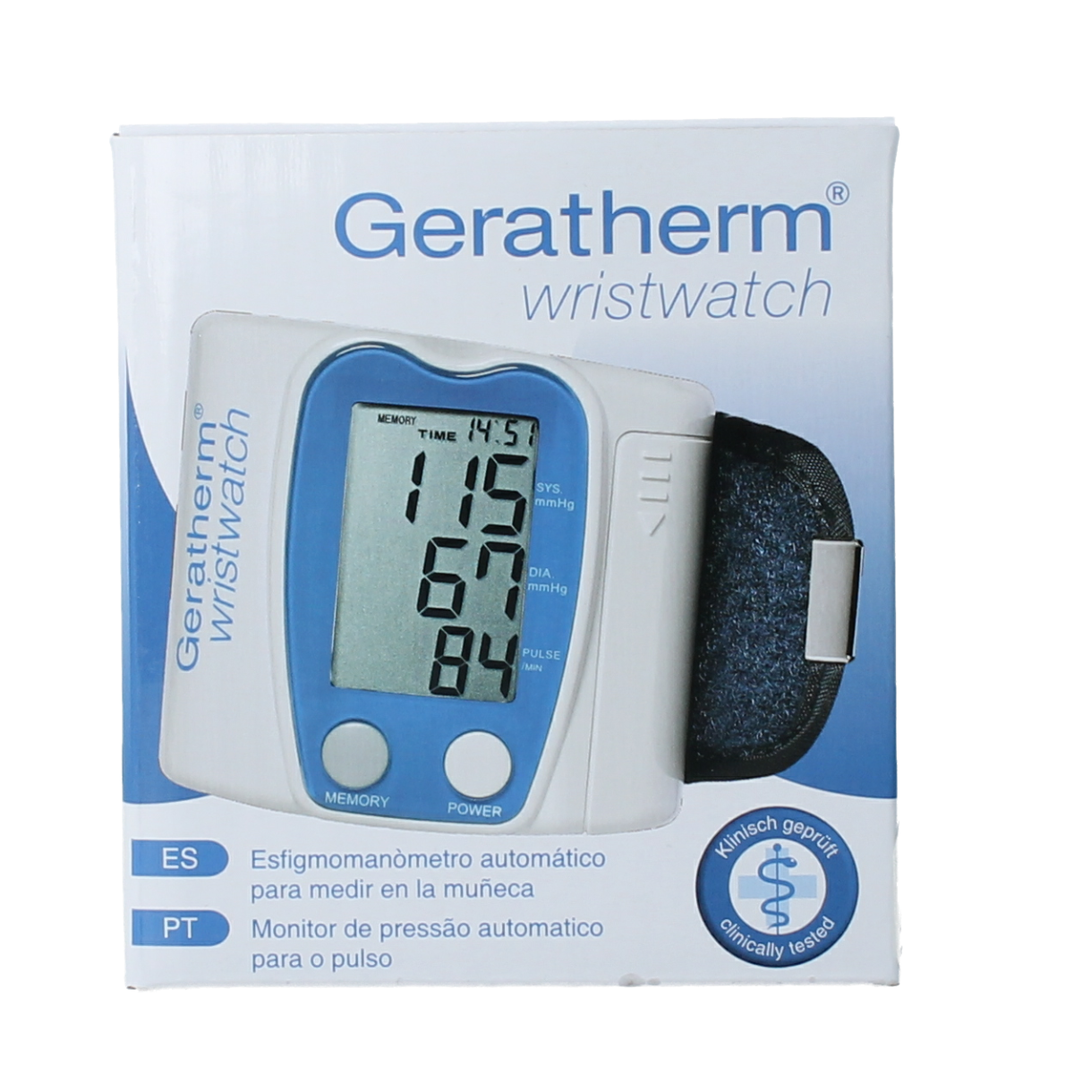 Geratherm wristwatch blood pressure monitor for wrist measurement, displayed on a white background.