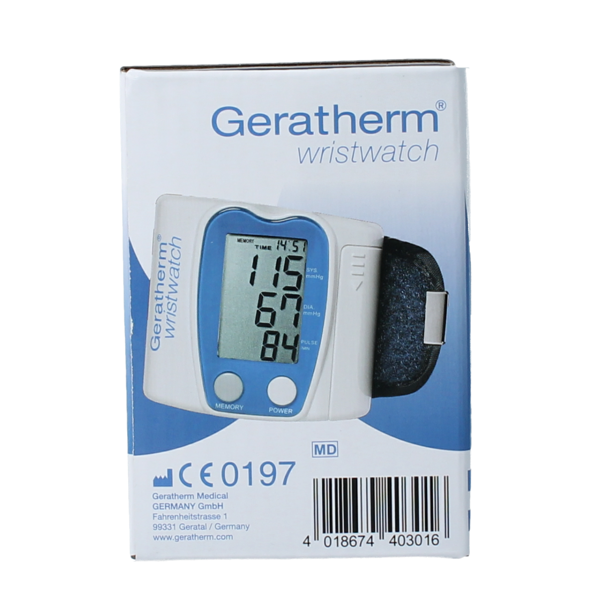 Geratherm wrist blood pressure monitor with cuff, digital display, and compact design for accurate blood pressure measurement.