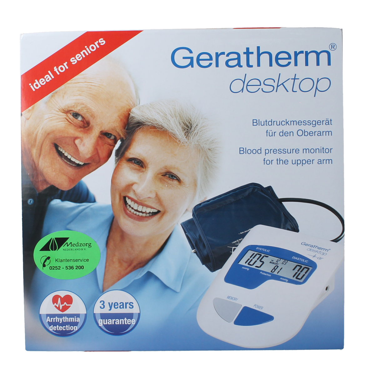 Geratherm desktop blood pressure monitor with cuff, digital display, and control buttons for accurate blood pressure measurement.