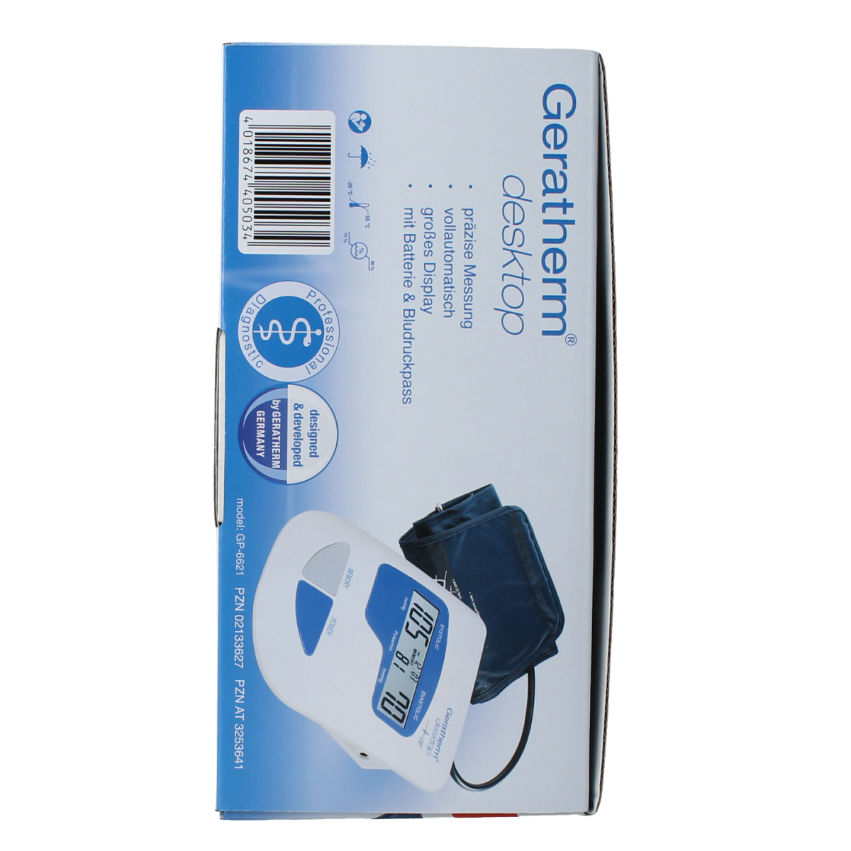 Geratherm Desktop blood pressure cuff and monitor, used for measuring blood pressure at home, with clear display and adjustable fit.