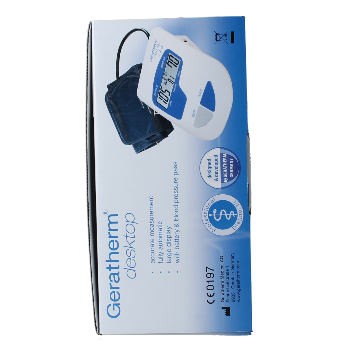Geratherm Desktop blood pressure cuff and blood glucose meter for accurate health monitoring, shown in the image.