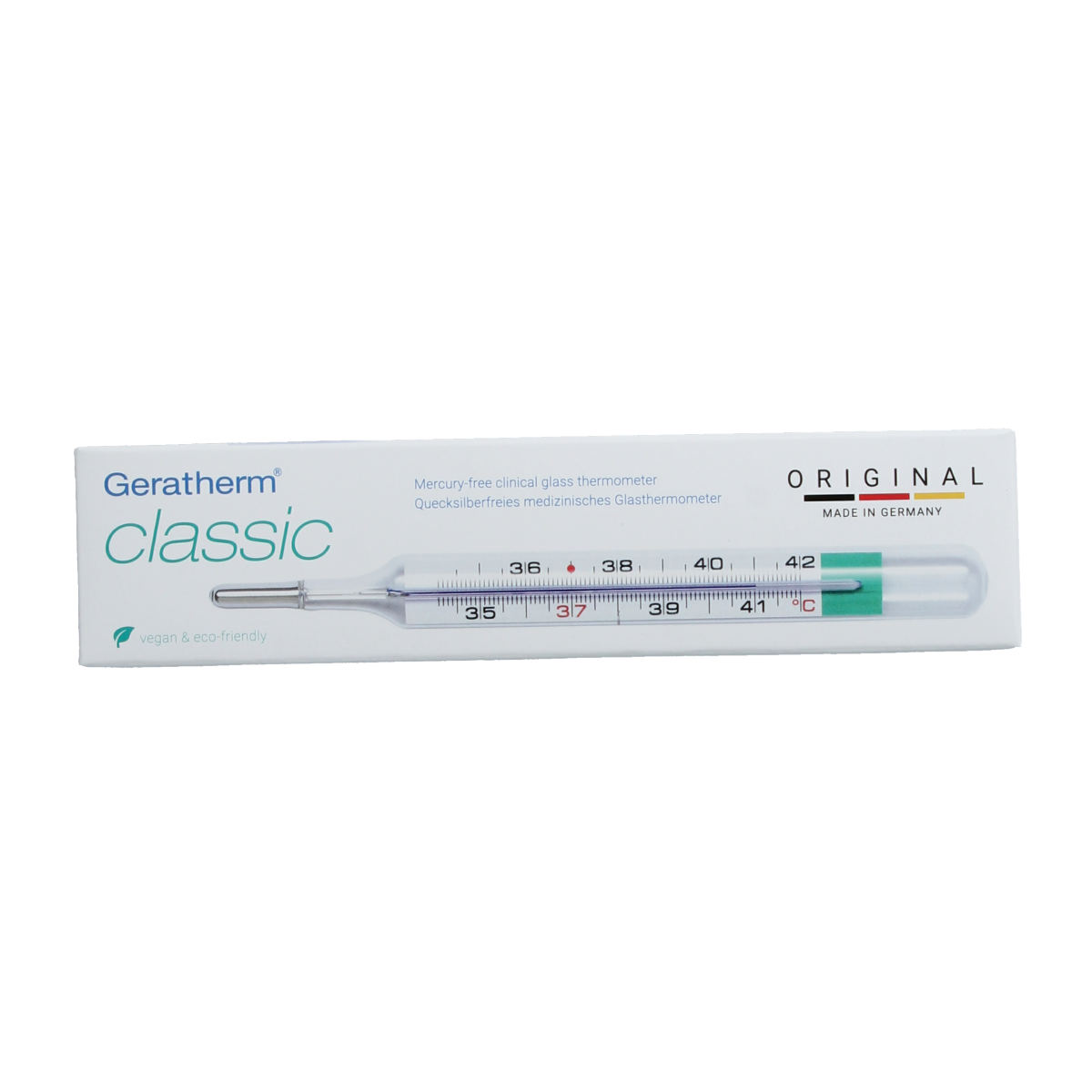 Geratherm classic glass thermometer showing a clear scale and red mercury indicator for accurate temperature measurement.