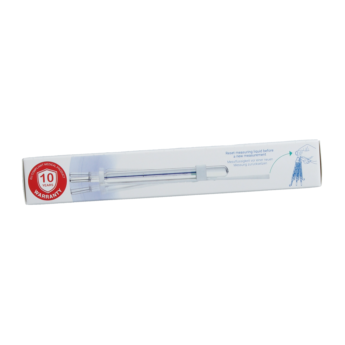 Geratherm classic glass thermometer showing temperature scale and red mercury indicator on white background.