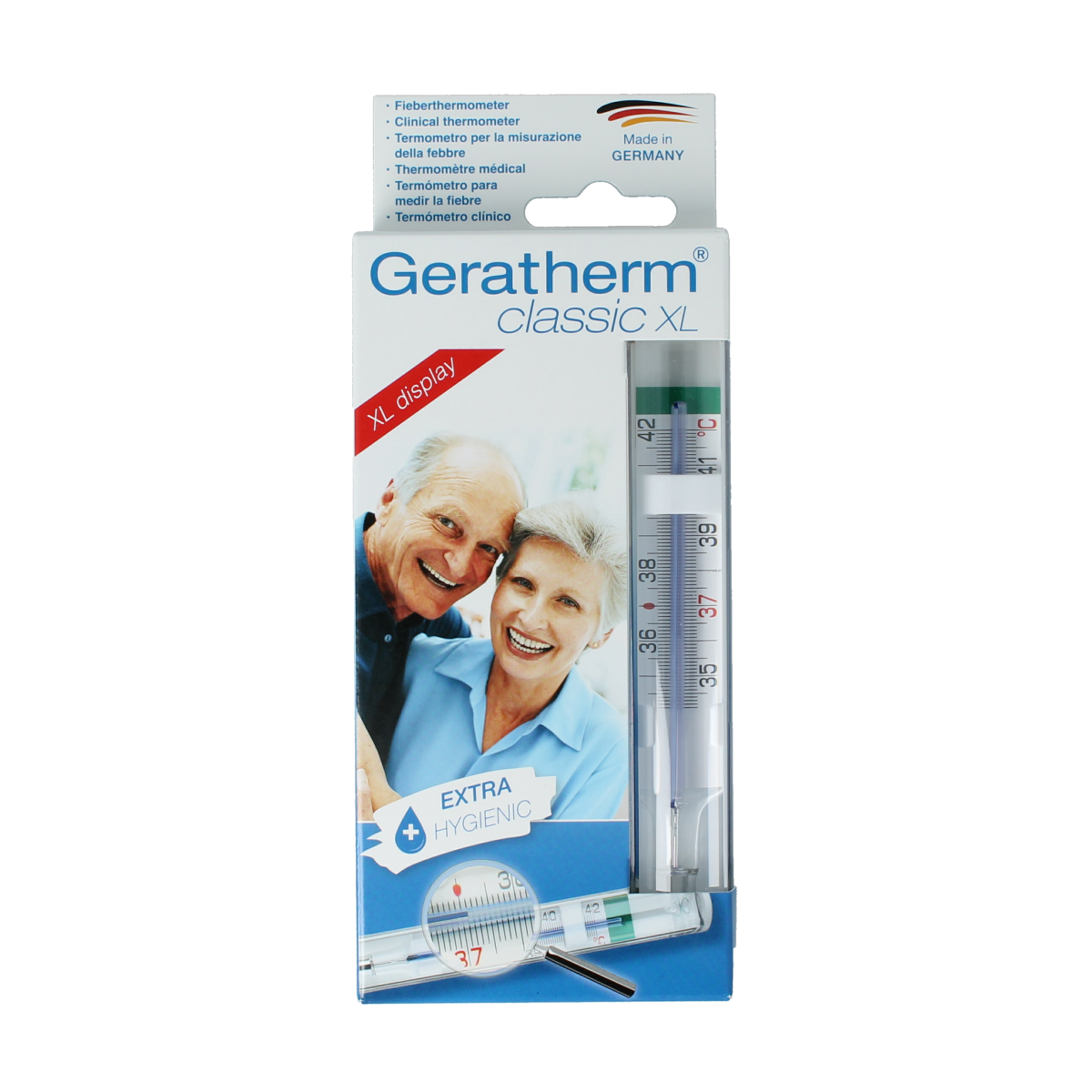 Geratherm Classic XL thermometer showing a digital display with temperature readings for accurate health measurement.