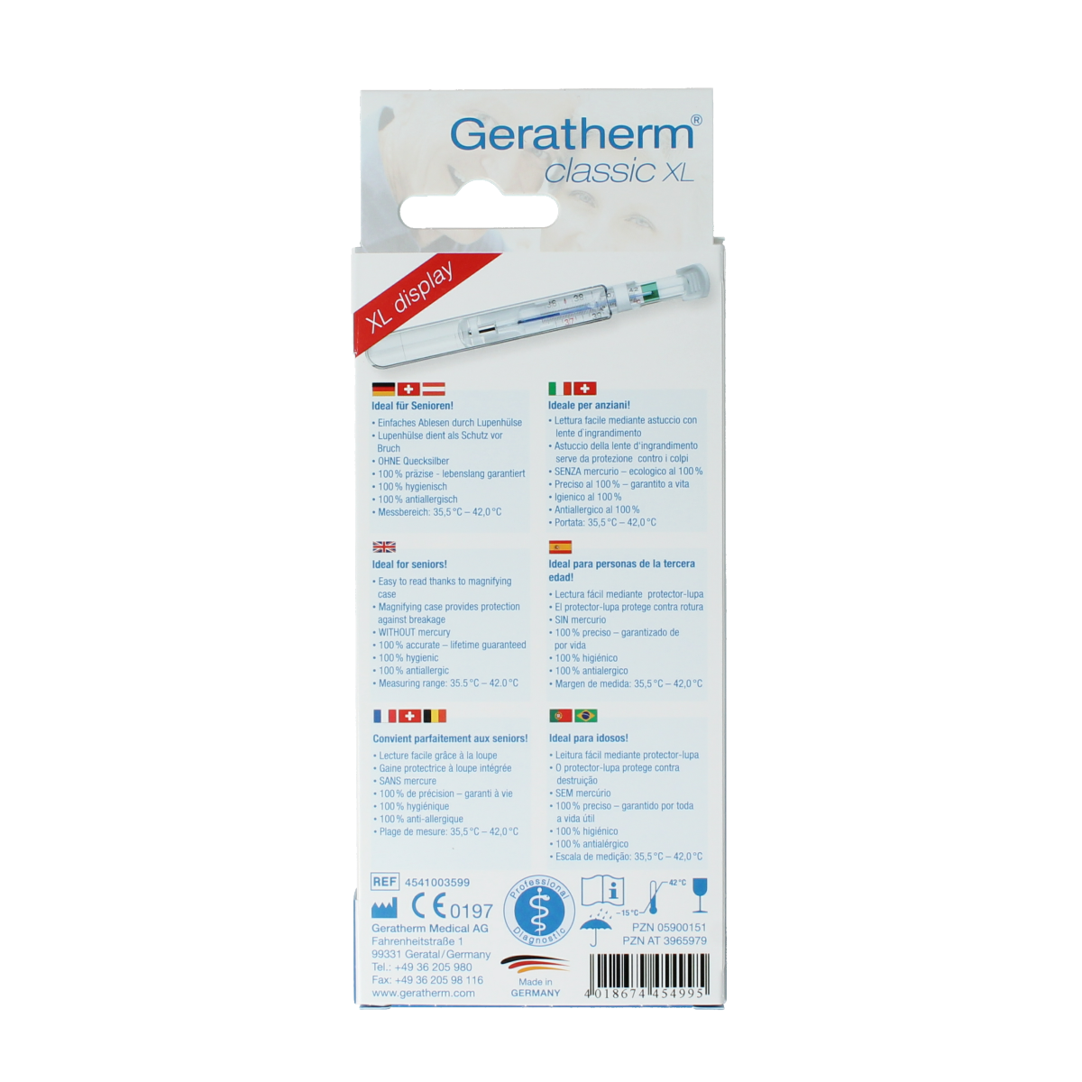 Geratherm classic XL thermometer showing a digital display, designed for accurate body temperature measurement.