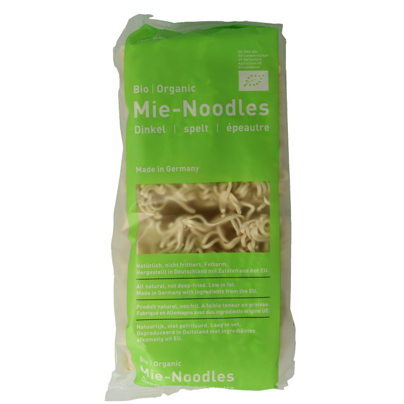 Alb Natur Spelt mie noodles bio, 250g, showing dried whole spelt pasta noodles in a clear package.