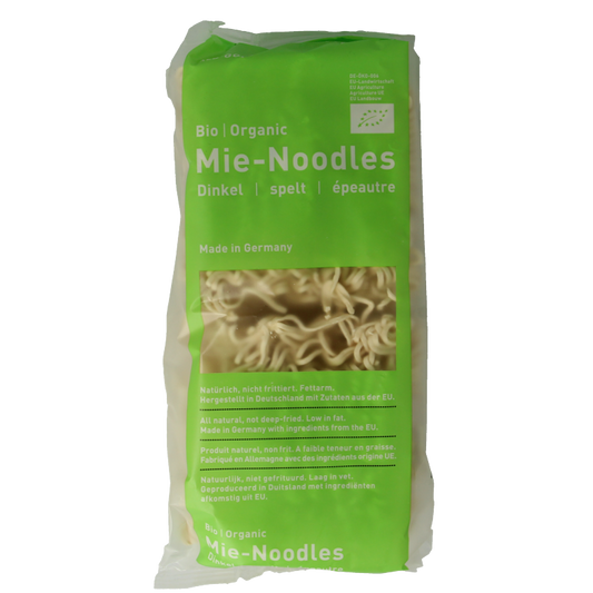Alb Natur Spelt mie noodles bio, 250g, showing dried whole spelt pasta noodles in a clear package.