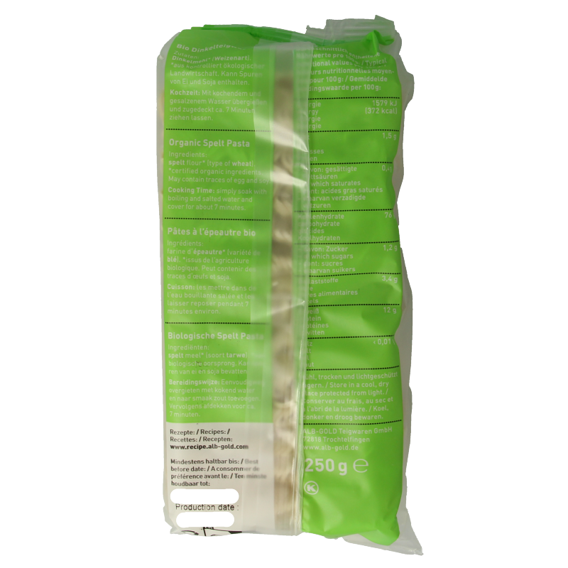 Alb Natur Spelt Mie Noodles bio, 250g, gluten-free pasta made from organic spelt, displayed in a clear package.