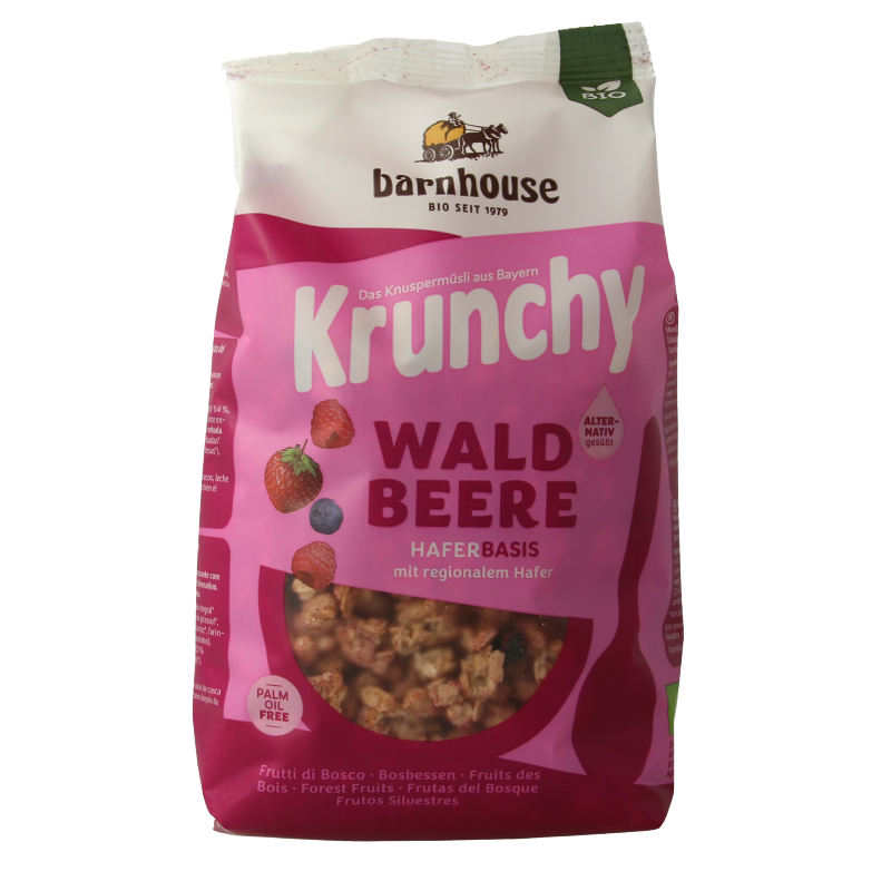 Barnhouse Krunchy Pur Bosbes organic breakfast cereal in 375g bag, featuring blueberry flakes and crunchy grains.