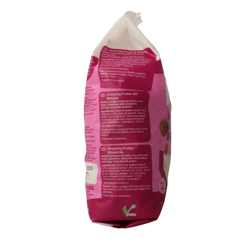 Barnhouse Krunchy pur bosbes bio breakfast cereal in a 375g package, featuring blueberry-flavored organic grain flakes.