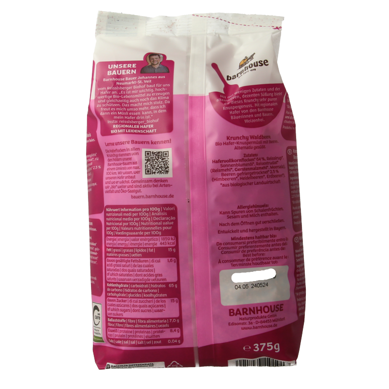 Barnhouse Krunchy Pur Bosbes organic breakfast cereal in a 375g package, featuring blueberries and crunchy grains.