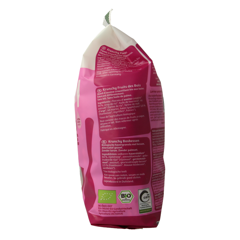 Barnhouse Krunchy Pur Bosbes bio breakfast cereal in a 375g package, featuring blueberry-flavored organic granola.