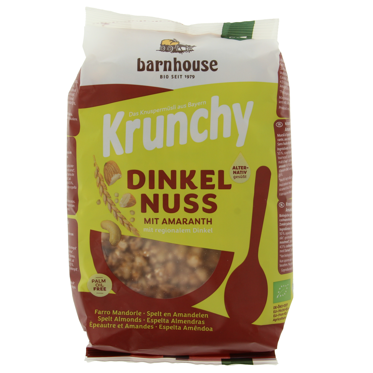 Barnhouse Krunchy amaranth, spelt, and almond organic grain mix in a 375g package, natural ingredients for breakfast or baking.