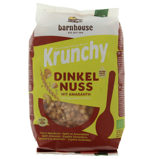 Barnhouse Krunchy amaranth, spelt, and almond organic grain mix in a 375g package, natural ingredients for breakfast or baking.