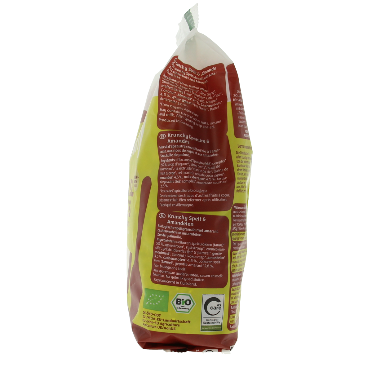 Barnhouse Krunchy amaranth spelt amandel bio, 375g, a nutritious mix of organic grains, almonds, and superfoods in a resealable bag.