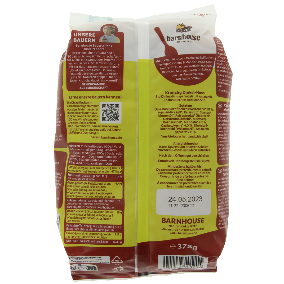Barnhouse Krunchy amaranth, spelt, and almond bio grain mix in a 375g package, natural and healthy breakfast ingredient.