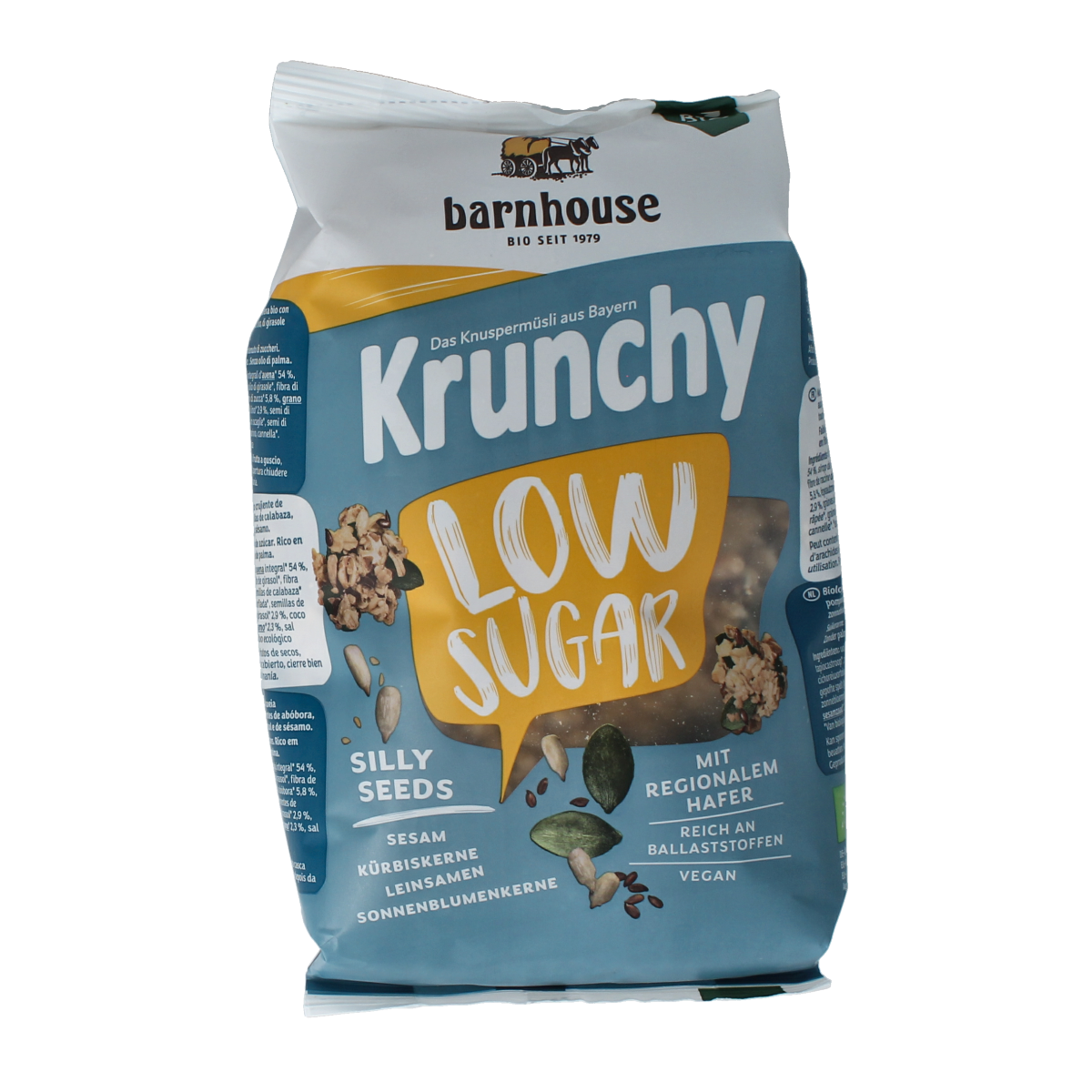 Barnhouse Muesli Silly Seed Bio breakfast cereal in a 375g package, with colorful cereal flakes and seeds visible in the image.